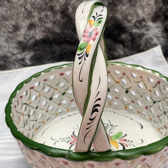 Vintage Ceramic Reticulated Basket, Handmade in Portugal White & Green - Picture 6 of 16